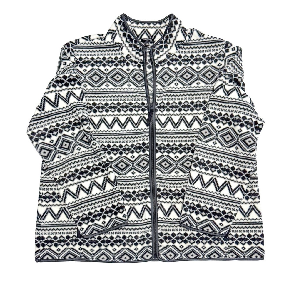 Talbots Womens 2X Black White Fair Isle Fleece Zip Jacket Geometric Nordic New - Picture 8 of 13